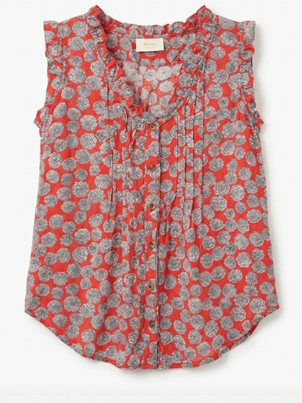 Maeve By Anthropologie Red Floral Ruffle Trim Button Down Blouse